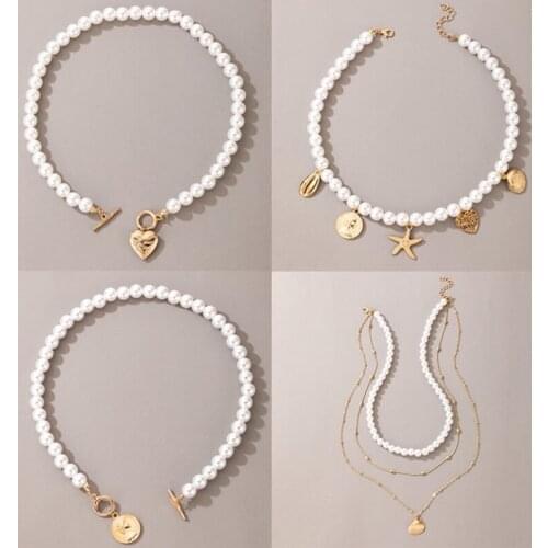 6Styles Bohemian Luxury Pearl Stone Shell Pendant Necklace For Women Summer Star Heart Chain Choker Necklace Jewelry Gift
