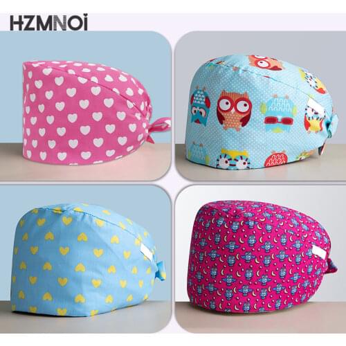 Fashion Cotton Cute Cartoon Print Nurse Cap Adjustable Scrub Hat Beauty Salon Nursing Cap Laboratory Pet Shop Fashion Scrub Cap