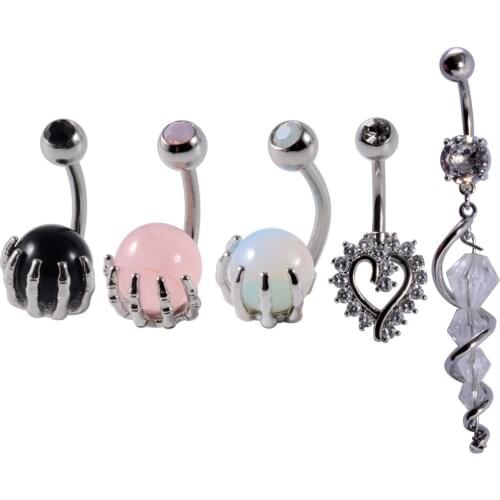 CHUANCI 1PC Surgical Stainless Steel&Opal Obsidian Stone Belly Navel Ring Belly Button Ring Body Piercing Jewelry 14G