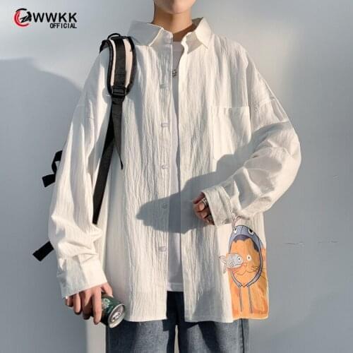 Korean Style Oversized Solid color printing Shirts Blouse men Cotton Blouse Long Sleeve Plus Size Blouses 2021 Button Up Shirt