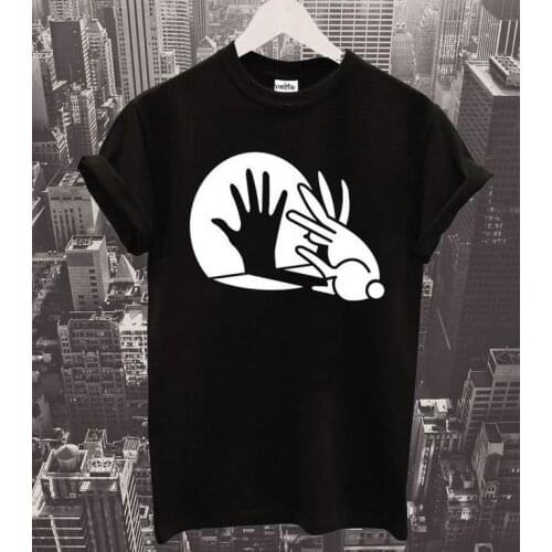 Rabbit Hand Shadow Show Letters Print Women t shirt Cotton Casual Funny tshirts For Lady Top Tee Black White Gray H-131