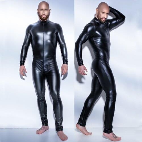 Man leather latex catsuit Teddy bodysuit black shiny Erotic Lingerie Bodysuits Zentai Body Wear jumpsuit S-4XL