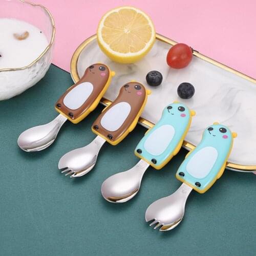 2Pcs/Set Kid Spoon Food Grade Cartoon Pattern Stainless Steel Cutlery Spoon Fork Set for Home Baby Gadgets Tableware