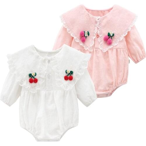 2020 Spring Autumn New Infant Bodysuit Baby Girls Costume Pink Lace Peter Pan Collar Long Sleeve Princess Playsuits For Newborn