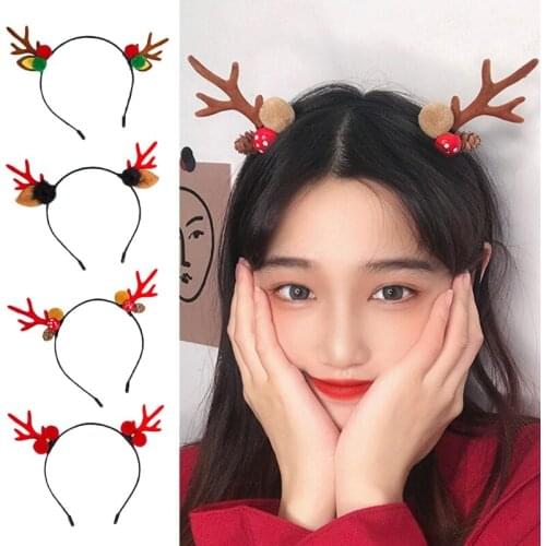 Adult Kids Christmas Reindeer Antler Headband Cute Elf Ears Pine Cone Jingle Bells Hair Hoop Holiday Cosplay Xmas Party