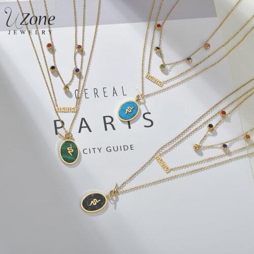 Uzone Noble Gold Stainless Steel Mama Pendant Necklace Natural Stone Serpentine Multilayer Chain Necklaces Women Jewelry Gift