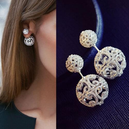 Luxury Full Micro Cubic Zirconia Pave Double Sided Hollow Balls Jacket Earrings Trendy Costume Jewelry