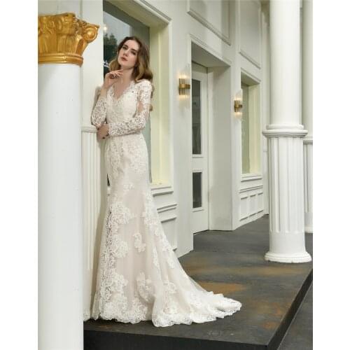Sexy lace V-neck front Split wedding dresses Back buttons Champagne lining full sleeces Royal applique brush Train Bridal Dress