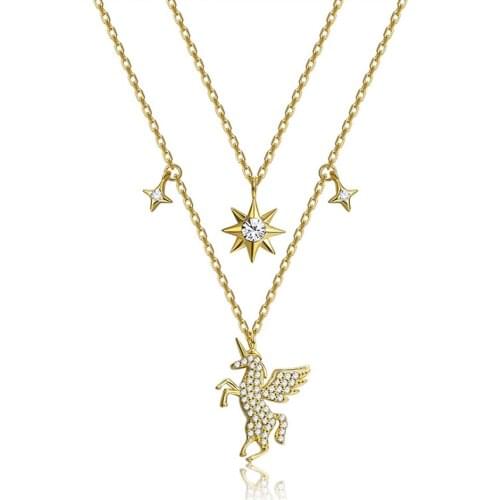SILVERHOO Sterling Silver 925 Jewelry Sparkling Star & Unicorn Double Chains Pendant Necklaces For Women Gold Color Necklace