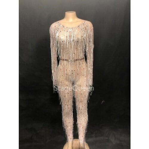 Sexy Glisten Silver Rhinestones Jumpsuit White Tassel Perspective Outfit Birthday Celebrate Evening Costume Womens Dance Wear