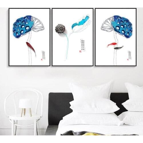 Traditional Chinese Zen Style Poster Blue Lotus Flower Canvas Art Paintings Minimalist Print Pictures for Living Room Artwork