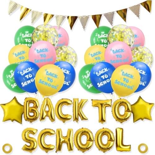 Back to School Party Decoration Gold Bronzing Flag 16'' Letter Foil 12'' Latex Balloon Suit Student Teacher New Semester Starts