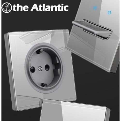 Light Switch With LED EU FR Power Socket Wall Outlet Push Button Lamp Reset Light Switches TV RJ45 Blank Gray Grey Glass Socket