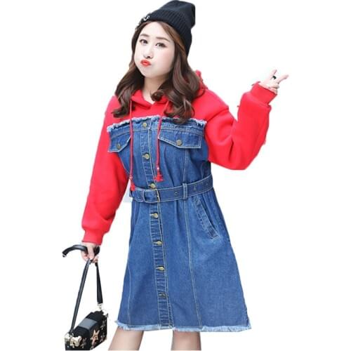 100KG can wear spring Fashion hooded sweater stitching denim jacket feamle high waist single breasted fake two pieces jacket