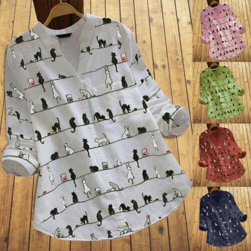 Women T-shirt V-neck Many Cats Print Long Sleeve Casual Top Solid Color Personalized Printing Girls Fashion All-match T-Shirt