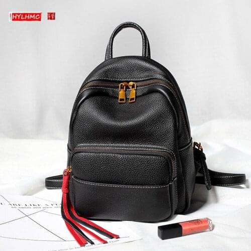 Genuine Leather Women Backpack Female Wild Tassel Small Backpacks Shoulder Bag Simple Casual Trend Soft Black Cow Leather Bags