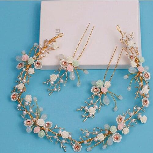 3PCS Gold Women Hair Jewelry Colorful Flower Headband Hairpins Set Pearl Crystal Tiara Hairband Bridal Wedding Hair Accessories