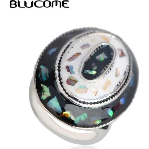 Blucome Vintage Style Round Abalone Shell Large Rings Enamel Womens Banquet Party Remembrance Day Wedding Accessories Jewelry