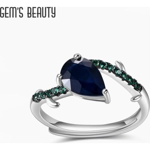 GEMS BEAUTY 925 Sterling Silver Handmade Adjustable Rings Pear Shape Natural Blue Sapphire Gemstone Statement Ring For Women