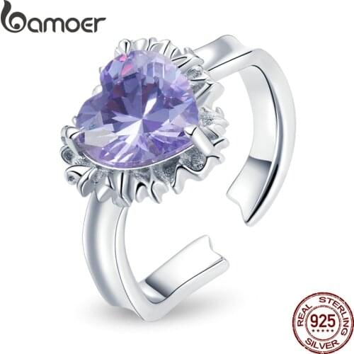 Bamoer 925 Sterling Silver Princess Rromantic Big Purple Heart Crystal Open Ring Waves Adjustable Ring for Women Wedding BSR190
