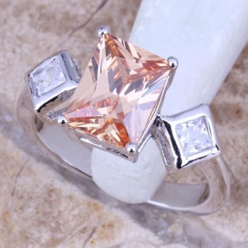 Sweet Brown Morganite White CZ Silver Plated Womens Jewelry Ring Size 6 / 7 / 8 / 9 R0519