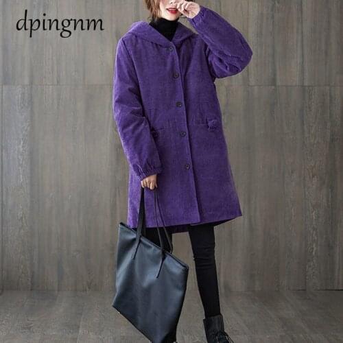 Winter coat new corduroy coat mid-length hooded warm padded coat womens clothing