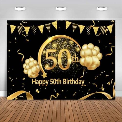 MOCSICKA Happy 50th Birthday Gold Glitter Backdrop for Photography Balloons Star Birthday Party Photo Background Decor Banner