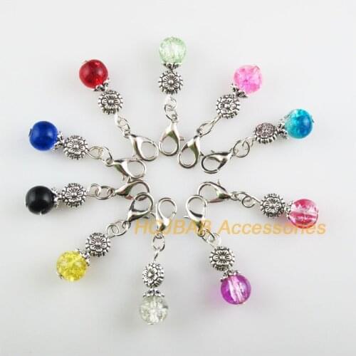10 New Flower 8x19mm Charms Mixed Shivering Glass Tibetan Silver Plated Retro With Lobster Claw Clasps