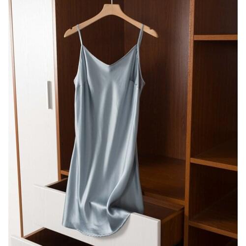 19 Momme 100% Mulberry Silk Night Dress Women Sleepwear Sexy Nightgown Spaghetti Strap Sleeveless Dress V-neck Skin Care
