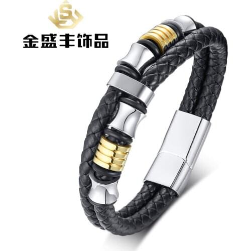 2021Fashion European and American Style Accessories Braided Leather Cord Stainless Steel Leather Bracelet For Women And Men