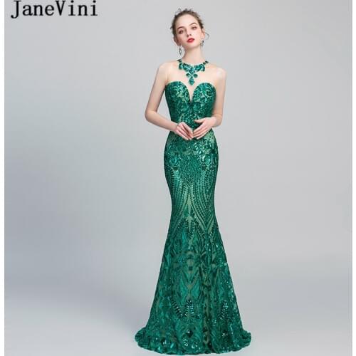 JaneVini 2019 Glitter Green Sequined Long Evening Dresses Sleeveless Floor Length Mermaid Formal Party Gowns Vestido Comprido