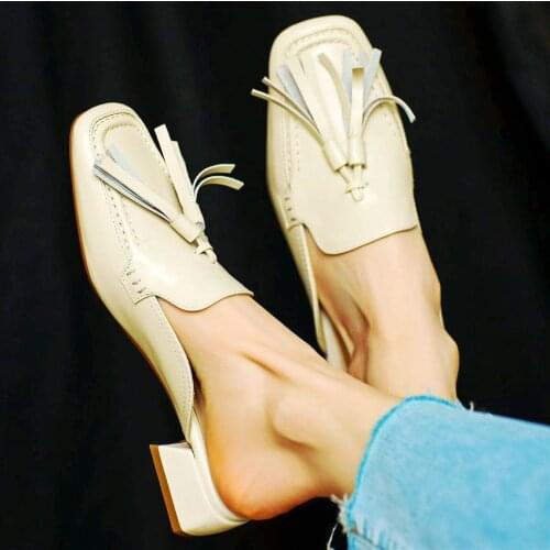 Oxfords Mules Womens Cow Leather Flats Tassel Sandals Mary Janes Square Toe Loafer Shoes Ankle Boots Office Elegant Shoes