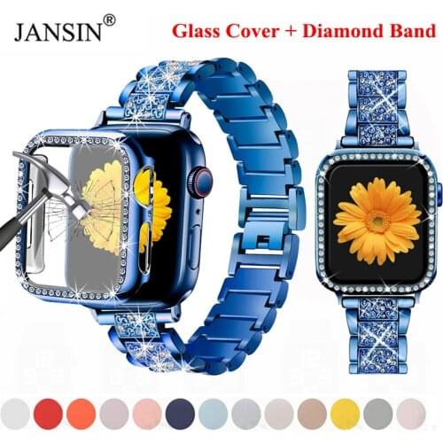 Glass Cover+Diamond Band For Apple Watch 44mm 42mm 38mm 40mm Women Pulseira Bracelet For iWatch Series 6 5 4 3 Strap Metal Band