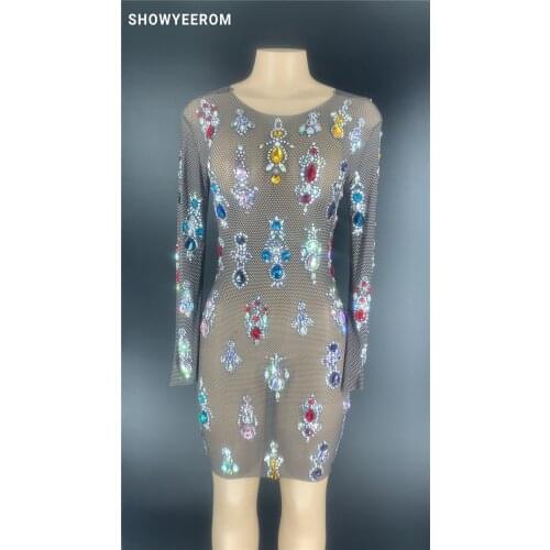 Color Rhinestones Transparent Mesh Dress Birthday Celebrate Outfit Bar Singer Long Sleeves Dance Short Dress