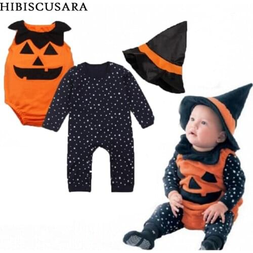 Halloween Baby Clothes Infant Pumpkin Costumes Bodysuit Rompers Hat 3pcs Set Bebe Boys Girls Novelty Outfits Cosplay Clothing