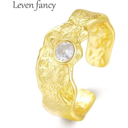 Hammered Irregular Shaped Clear Zircon CZ Ring 925 Sterling Silver Base Golden Textured Statement Band Open Free Size Ring