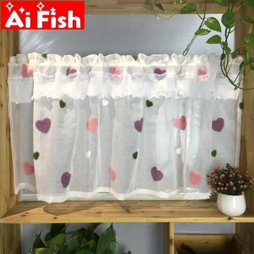 Pink Heart Short Curtain with white Pearl Lace Tulle for Girl Room Romantic Window Treatment Kitchen Decor Parition Drape M057#5