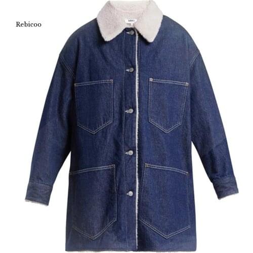 Brand Fashion Women Denim Coats Autumn Winter Lambswool Long Jacket Streetwear Thicken Warm Loose Female Outerwear