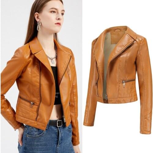 Spring Autumn Women PU leather Jackets 2021 Turn-down Collar Slim Short Styled Solid Zippers Pockets Casual Women Leather Coat