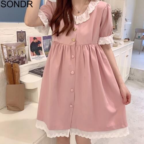 Summer Cute Girls Pink Dress Vintage Korean Heart Button Up Short Sleeve Kawaii Shirt Dress Mori Girl Collar Ruffles Lace Dress