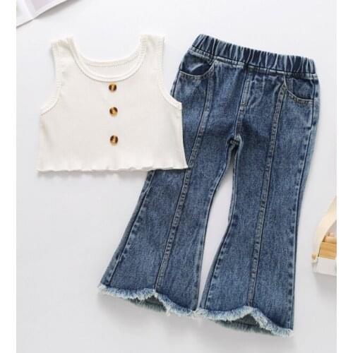 New 2 Pcs Toddler Summer Outfits, Baby Girl Solid Color Round Neck Button Tank Top + Frayed Hem Pocket Flared Jeans