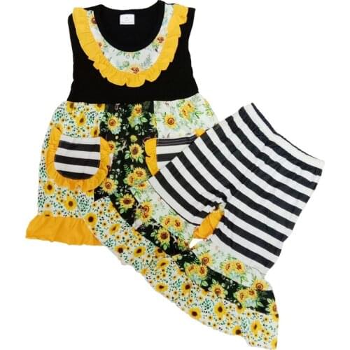 2020 Summer Girls Clothing Sets Sleeveless Ruffles Dress and Bell Pants Sunflower Printed Boutique kids Clothes Outfits