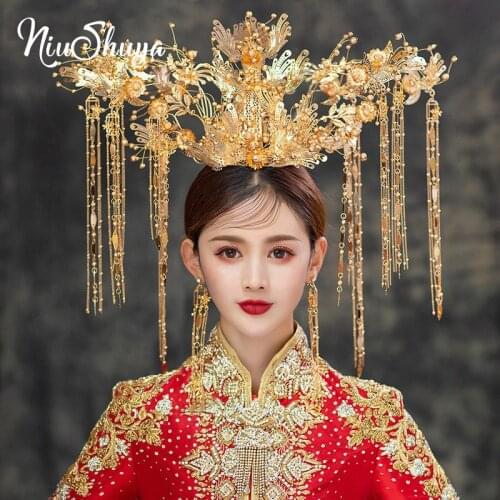 NiuShuya Exaggerated Headdress New Chinese Vintage Style Wedding Headdress Gold Phoenix Stage Show Hairwear Hair Accessories