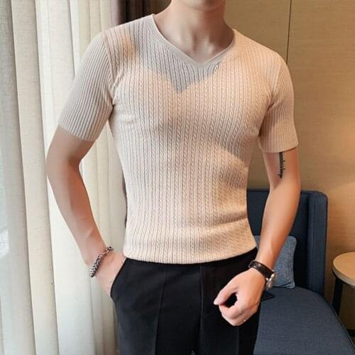 British Mens Korean Slim Fit V-neck Men Tshirt Social Club Casual T-shirt Solid Color Short Sleeve Knitted Base Tshirt For Men