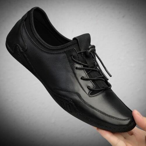 Mens Casual Shoes New Genuine Leather Lace Up Luxury Loafers Male Sneakers Solid Color Black High Quality Breathable Mens Shoes