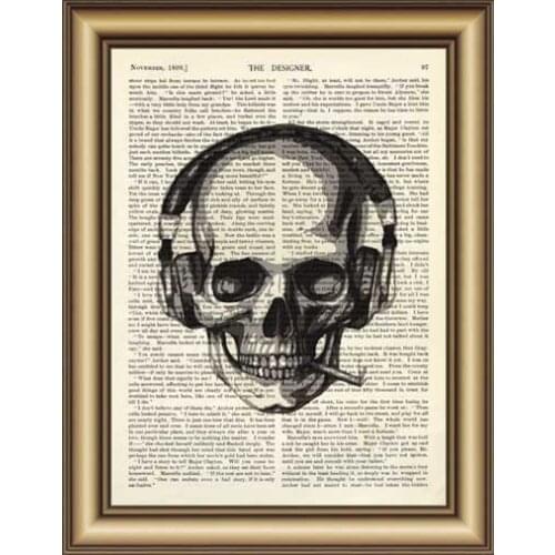 Skull Earphone Dictionary Canvas painting wall Art Poster Print Pictures Home Decoration Vintage Book Page Print wall decor gift