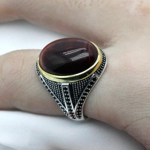 Natural Tiger Eye Stone Ring for Men 925 Sterling Silver with Big Red Stone & Black CZ Rings Retro Jewelry for Male Women Gift
