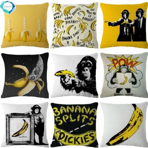 Art Oil Painting Decorative Cotton Linen Cushion Cover Banana Monkey Print Pillow Cover Home Decoration Sofa Pillowcase 45x45cm