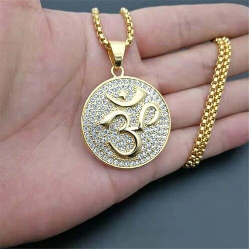 Hip Hop Iced Out Round Indian Yoga Pendant Necklace Stainless Steel OHM Hindu Buddhist AUM OM Necklace Gold Color India Jewelry