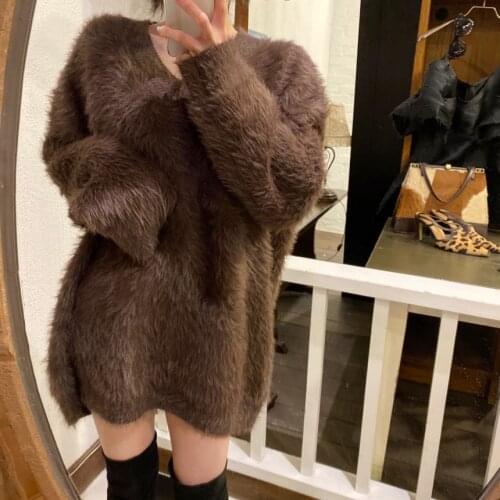 JSXDHK Casual Women V Neck Thicked Warm Knitting Sweaters Autumn Winter Mink Cashmere Soft Oversize Loose Mohair Long Pullovers